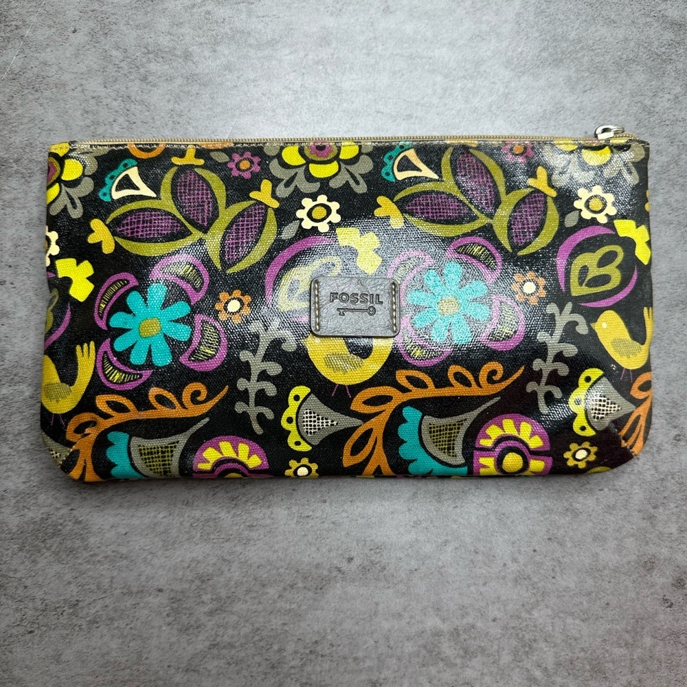 Fossil Black Floral Multicolor Zip Wristlet